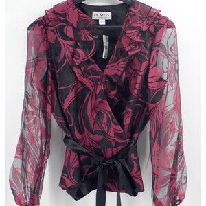 J.R.NITES BY CAROL LIN Womens Sz 14 Wine Dressy Wrap Ruffle Belt Blouse Top NEW
